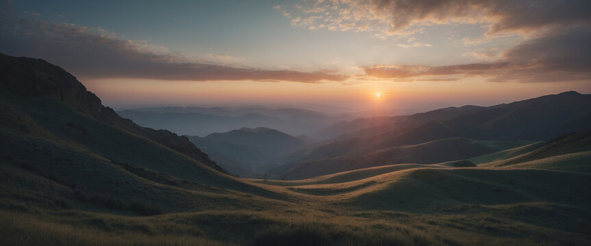 Sunset over rolling hills with soft gradient clouds in the evening sky