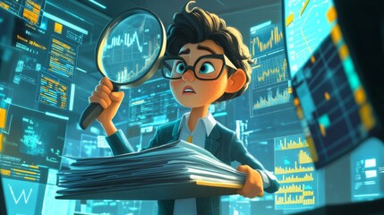 A business analyst is holding a magnifying glass and looking at a stack of papers. The scene is set in the office with multiple monitors on the walls