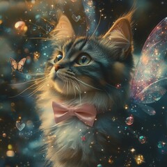 Magical Winged Cat with Antennae in Dreamy Background