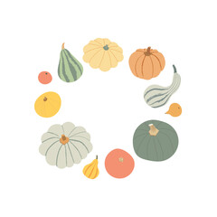 Pumpkin wreath vector illustration. Variety of pumpkins, squashes and gourds in flat style isolated on white background. Circle composition with harvest vegetables