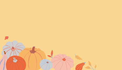 Thanksgiving background with pumpkins in modern flat style. Illustration of squashes and gourds with autumn leaves on yellow background