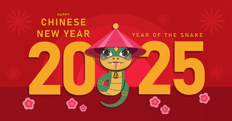2025 New Year, 2025 Chinese new year, Year of the Snake poster with zodiac cartoon snake character design.