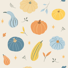 Autumn pumpkin pattern in pastel colors. Seamless design with squash, falling leaves and stars on light beige background. Vector illustration for textile, wrapping paper and more