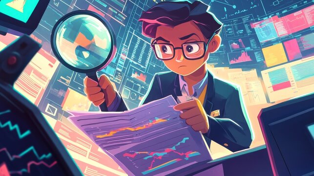 A man is looking at a piece of paper with a magnifying glass. The image is a cartoonish representation of a business analyst in a suit, with a computer monitor behind him