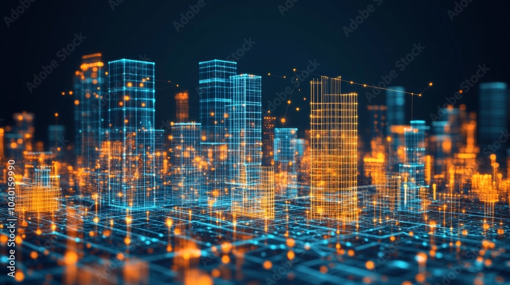 Poster Smart City in Low-Poly 3D. Tech-Driven Urban Architecture and Data Flow