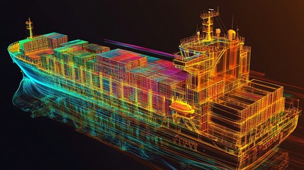 A 3D wireframe model of a cargo ship with containers. The model is brightly colored and is set against a dark background.