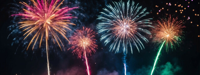 Fototapeta premium Colorful fireworks light up the night sky in a vibrant New Year celebration