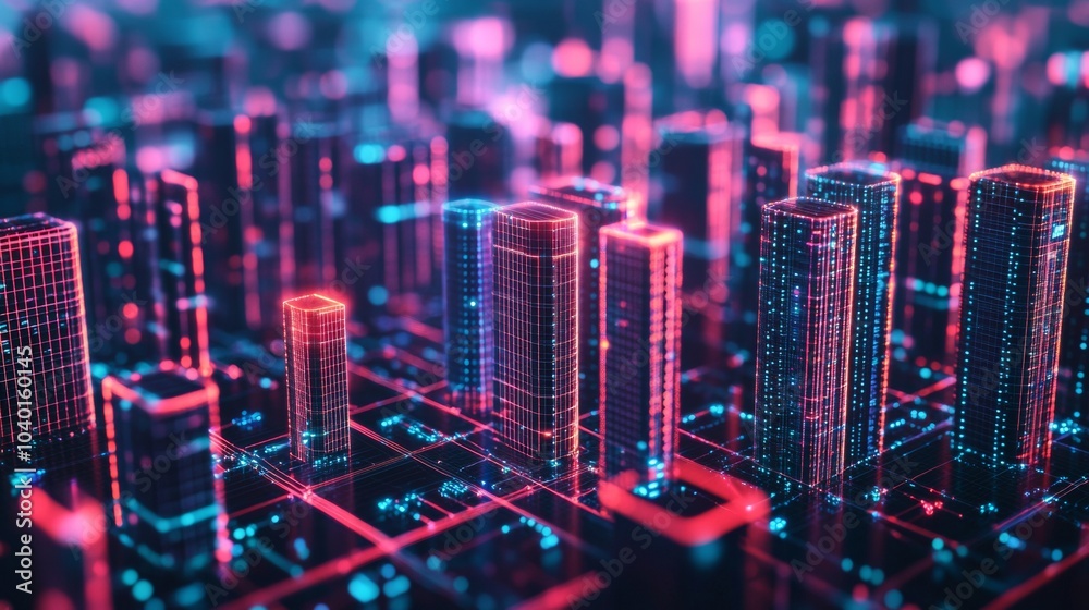 Poster Smart City in Low-Poly 3D. Tech-Driven Urban Architecture and Data Flow