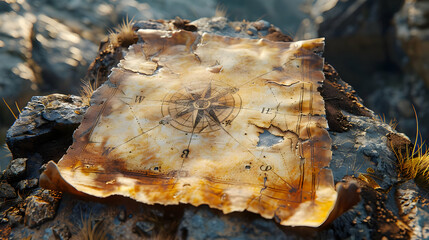Obraz premium Old Tattered Map With Compass on Rocks - Illustration