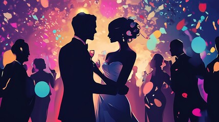 A bride and groom dance at their wedding reception, surrounded by guests and confetti.