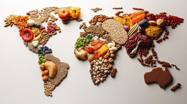 A creative world map made from various food items, representing the rich diversity of global flavors, isolated on a white background