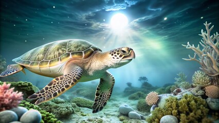 Fototapeta premium Night Photography of Green Sea Turtle Swimming Underwater on Coral Reef