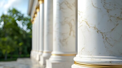 Marble columns with golden accents against a blurred green background.