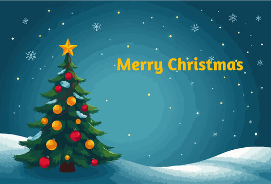 Festive vector art of a Christmas tree on a blue background with Merry Christmas message