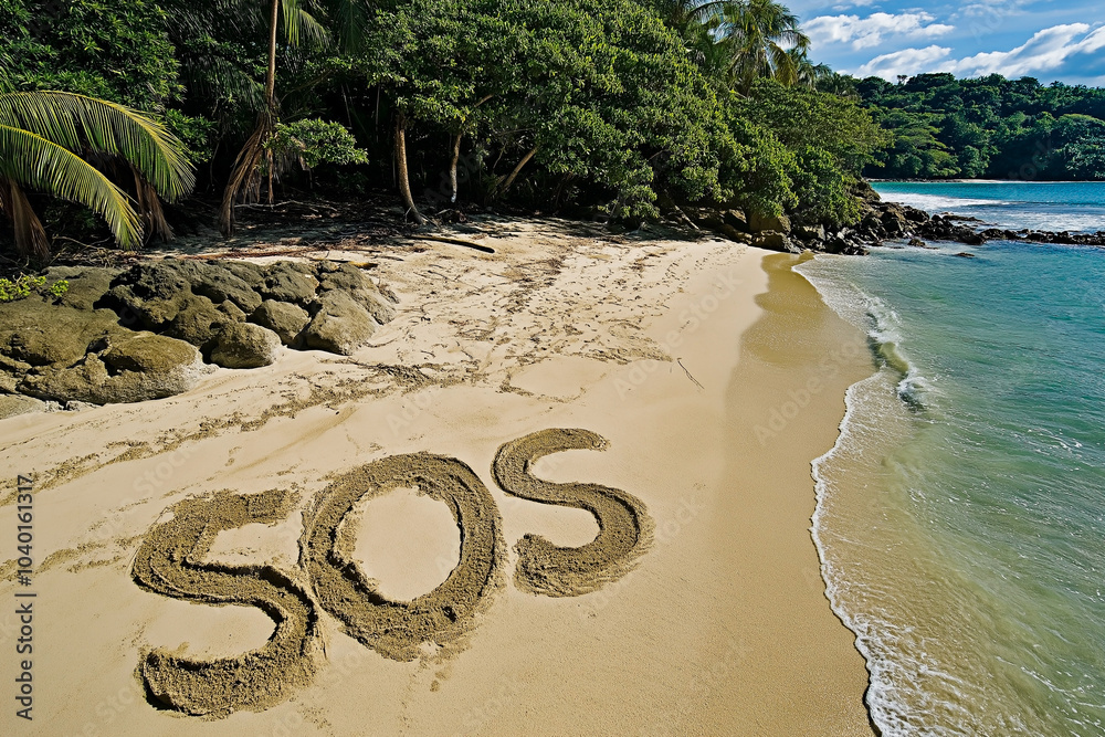 Wall mural SOS message written in sand on deserted tropical beach. Distress signal on deserted island beach waiting for rescue.