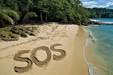 SOS message written in sand on deserted tropical beach. Distress signal on deserted island beach waiting for rescue.