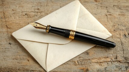 Classic fountain pen rests on sealed envelope rustic wooden surface