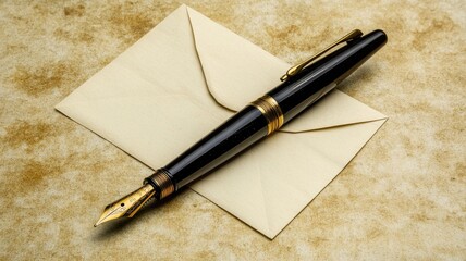 Black fountain pen with gold accents on beige envelope