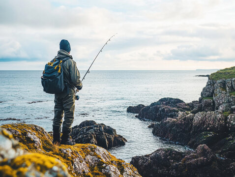 angler standing on a rocky coastline