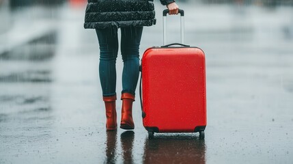 Woman in red boots pulling a rolling suitcase on a rainy street, urban travel scene, reflection on wet pavement.