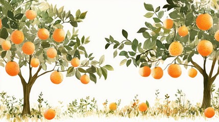 A flourishing orange orchard with ripe fruit hanging from rows of trees, celebrating the abundance of the harvest, on a white background