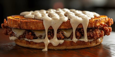 A delicious sandwich with crispy chicken and creamy sauce dripping from toasted bread.