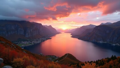 Obraz premium Epic Sunset over Majestic Mountains and Lake
