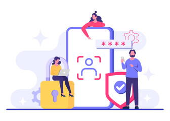 Facial recognition technology flat illustration, Identification and authentication system using faces, biometrics and security, Face identity, Biometric identification, Unlock device