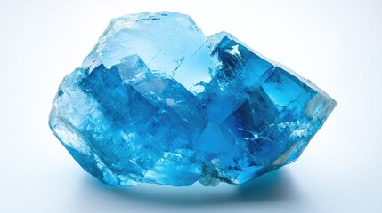 A glowing aquamarine gemstone with a cool blue tone, isolated on a white background, emphasizing its clarity