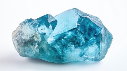 A glowing aquamarine gemstone with a cool blue tone, isolated on a white background, emphasizing its clarity