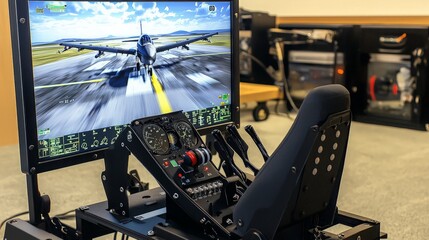 A flight simulator with a monitor displaying a jet taking off.