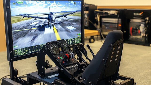 A flight simulator with a monitor displaying a jet taking off.