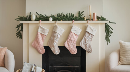 Cozy Christmas stockings hang by fireplace, adorned with snowflake designs, creating warm and festive atmosphere. soft colors and elegant decor enhance holiday spirit