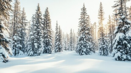 Fototapeta premium Snow-covered forest in the northern U.S., with clear skies offering space for copy