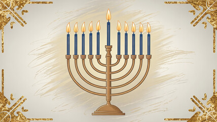 beautifully illustrated menorah with lit candles, symbolizing celebration of Hanukkah. warm glow of flames adds festive touch to design, perfect for holiday decor