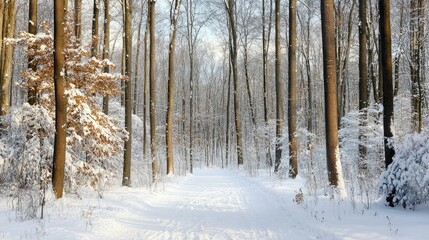 Snow-covered forest in the northern U.S., with clear skies offering space for copy