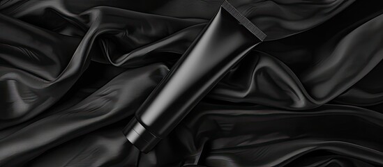 Obraz premium Black cosmetic tube placed on a textured black fabric backdrop for a mockup with copy space image