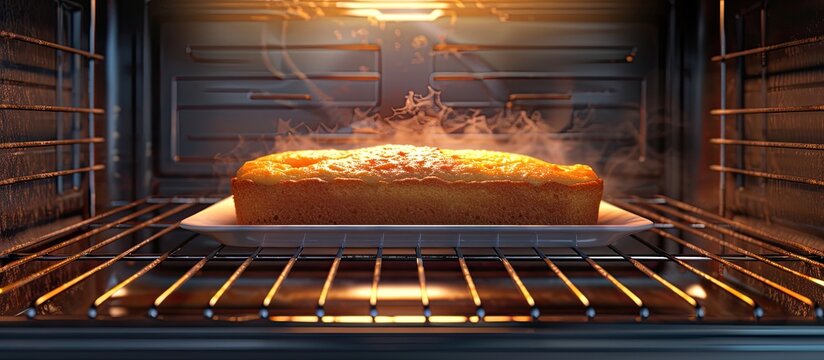 A pound of banana cake baking in the oven showcasing a delicious creation against a blank background for your copy space image