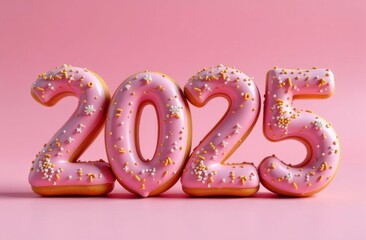 Sweet pink Donuts in 2025 numbers. New year celebration