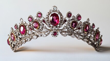 Obraz premium A luxurious gemstone tiara featuring diamonds and rubies, shining against a simple white backdrop