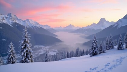  Snowy mountain landscape at sunrise