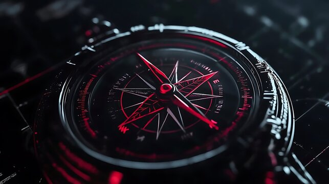 A close-up shot of a compass with a red needle pointing north.