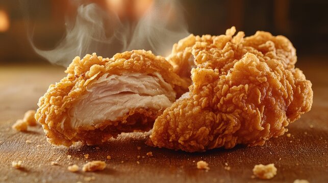 A piece of fried chicken being pulled apart, showcasing the tender, steaming meat and crunchy skin, a feast for the senses.