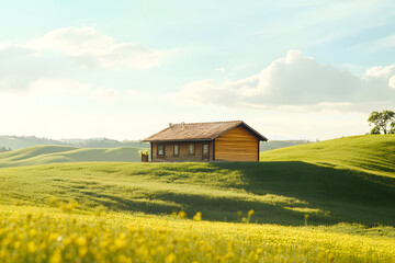 Charming wooden house on a sunlit hillside surrounded by lush green fields and gentle hills under a clear blue sky