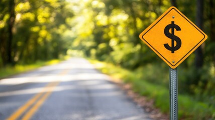 Yellow dollar sign warning road on rural