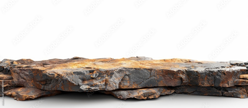Poster an empty table with a stone top for grunge rock style set against a white background with a perspect