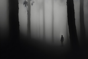 A lone figure stands in a mist-covered forest, surrounded by tall trees, creating a mysterious and atmospheric setting evoking solitude and contemplation