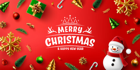 Merry Christmas and Happy New Year.This festive image features vibrant red background adorned with Christmas decorations, including ornaments, trees, and cheerful snowman, creating joyful holiday