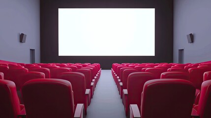 Obraz premium A quiet movie theater with red seats and a blank screen, prepared for the next audience, isolated on white