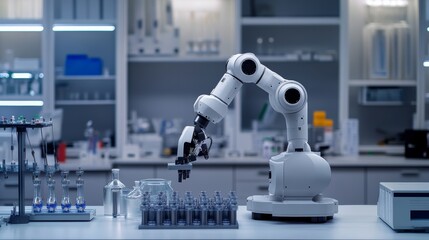 A robot managing automated testing in a high-tech bioengineering lab with clean, organized testing stations and advanced bioengineering tools, Bioengineering tech style